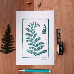 Fern Lino print, eco-friendly art, nature art, art for nature lover, green fern, mini print, leaf print, hand printed, made in the uk image 2