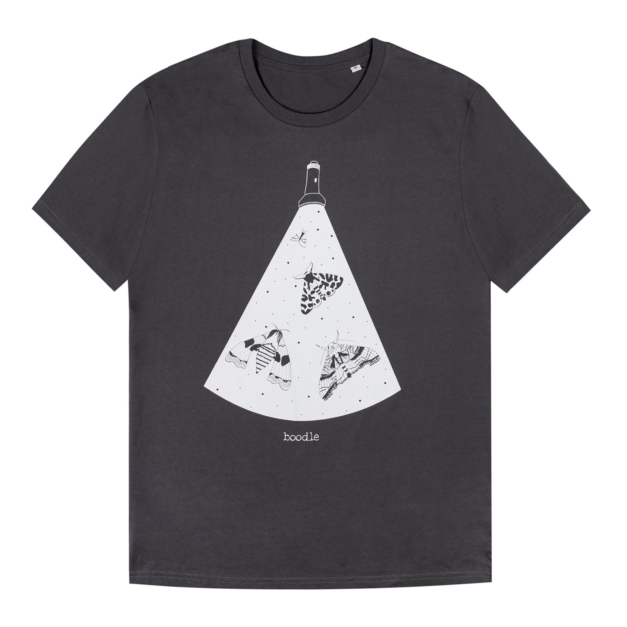 Image of Moths in The Torch Light - Charcoal Organic Cotton Screen Printed Eco-Friendly Mens T-Shirt Animal Illustration Menswear