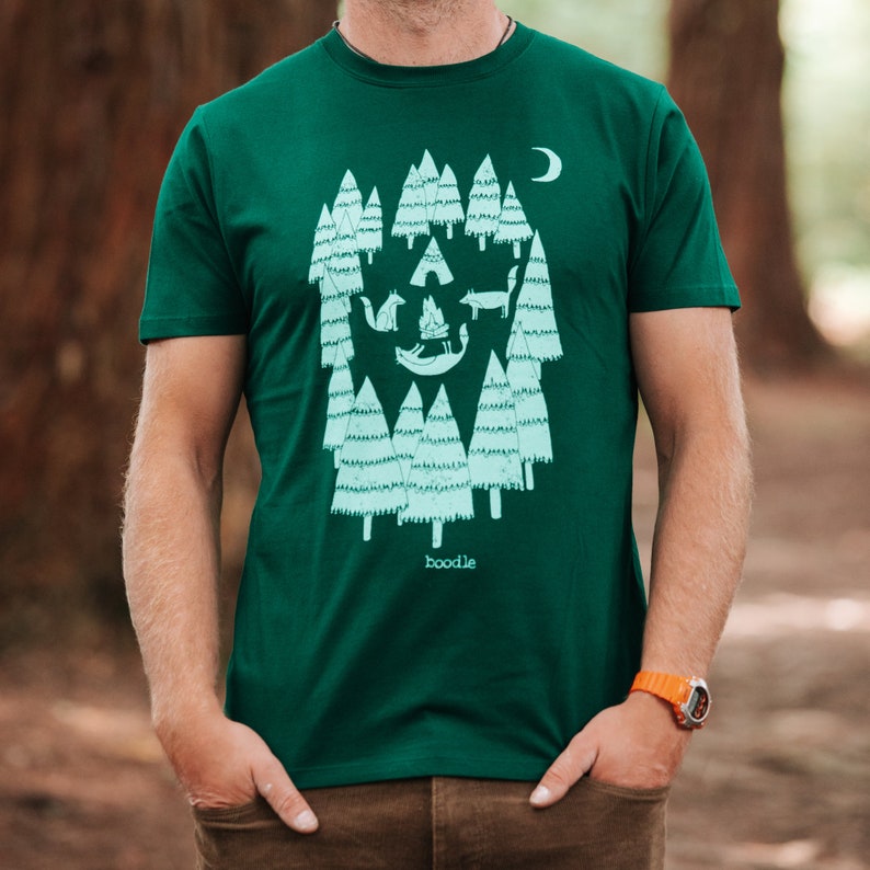 Fox T-shirt, Foxes in the forest, camping T-shirt, Mens adventure t-shirt, organic menswear, gifts for men, eco-friendly mens, gift for dad image 3