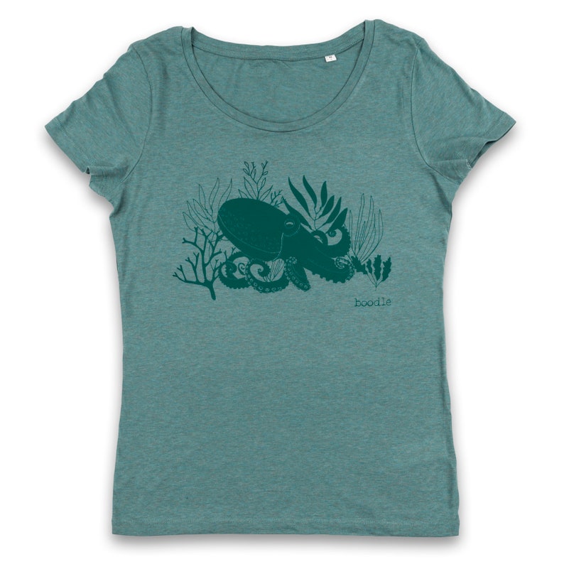 May include: Teal blue t-shirt with a dark green octopus illustration surrounded by seaweed. The text "hoodie" is printed on the bottom right corner of the shirt.