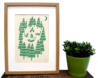 Fox art print, camping art print, foxes in the forest, nursery art, adventure screen print, eco-art print, animal lover print, green print