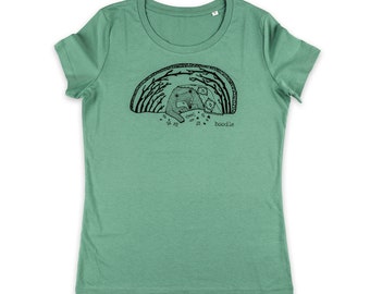 May include: A green t-shirt with a black and white illustration of a bear and cubs in a forest. The text "doodle" is printed below the illustration.