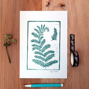 Fern Lino print, eco-friendly art, nature art, art for nature lover, green fern, mini print, leaf print, hand printed, made in the uk image 4