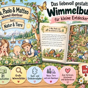 May include: A digital children's activity book titled Mia, Paolo & Matteo Wimmel-Abenteuer featuring colourful illustrations of nature, animals, and three children exploring a forest. The book includes 46 pages, 21 stories, and search-and-find tasks.