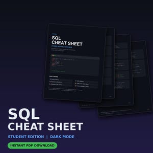 SQL Cheat Sheet PDF, Student & Developer Edition, Dark Mode (Instant Download)