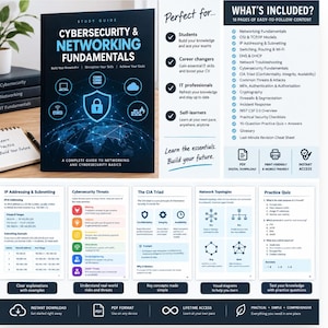以下が含まれることがあります： Cybersecurity & Networking Fundamentalsというタイトルの学習ガイド。ダークブルーの表紙に中央の盾のアイコン、グローバルネットワークのグラフィック、クラウド、サーバー、ファイアウォールのアイコンが描かれています。ガイドは18ページで構成されています。