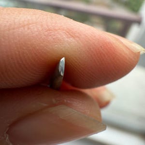 Könnte beinhalten: Nahaufnahme eines kleinen Metallwerkzeugs mit einer scharfen, abgewinkelten Spitze. Das Werkzeug wird zwischen zwei Fingern gehalten, wodurch seine feine Spitze und polierte Oberfläche hervorgehoben werden. Der Hintergrund ist unscharf, was das Detail des Werkzeugs betont.