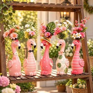 Puede incluir: Cinco figuras decorativas de flamencos dispuestas en fila sobre un estante de madera. Cada flamenco está pintado en tonos rosa y blanco, con patrones y accesorios únicos, y sostiene un ramo de flores artificiales en la parte superior.