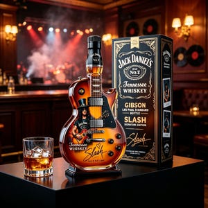 Könnte beinhalten: Eine Jack Daniel's Tennessee Whiskey Flasche in Form einer Gibson Les Paul Gitarre, mit einer Grafik von Slash, seiner Unterschrift und dem Text 'Rock N Roll Legend'. Daneben stehen eine passende schwarze Box und ein Glas Whiskey mit Eiswürfeln.