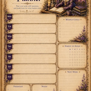May include: A weekly planner page with a parchment-style background featuring a purple dragon writing in a book. The layout includes sections for days of the week, weekly goals, habits, priorities, and notes, decorated with purple flowers and crystals.