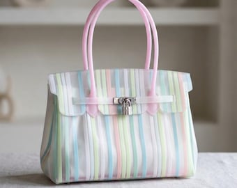 Jeezy Firkin™ – Bolso de mano de gelatina a rayas pastel / Elegante bolso transparente que llama la atención