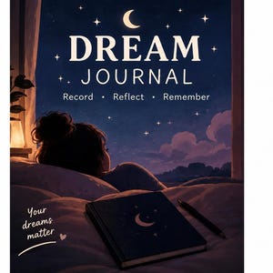 May include: A dark blue dream journal with a crescent moon and star cover design, resting on a bed. The text reads DREAM JOURNAL, Record • Reflect • Remember, and Your dreams matter. A black pen lies beside the journal in a bedroom setting.