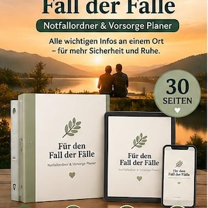 Może przedstawiać: Biały segregator, tablet i smartfon z napisem Für den Fall der Fälle, Notfallordner & Vorsorge Planer oraz ikoną liścia. Produkty zawierają wskaźnik 30 stron oraz ikony dotyczące formatu PDF, drukowania i kompatybilności z urządzeniami.