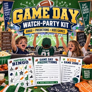 May include: A game day watch-party kit featuring three printed activity sheets: Football Bingo, Game Day Predictions, and Kids Game Zone. The sheets include text, football-themed icons, and checkboxes for interactive party activities.