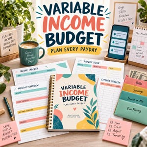 May include: A spiral-bound Variable Income Budget planner with colorful abstract shapes and leaves on the cover. The set includes printed income trackers, expense trackers, monthly overview sheets, and labeled cash envelopes for bills and savings.