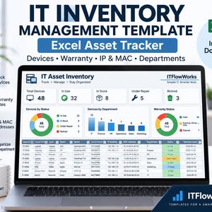May include: An IT inventory management template displayed on a laptop screen, featuring an Excel asset tracker dashboard with data on devices, warranty dates, IP and MAC addresses, and departments. The interface includes charts and tables.