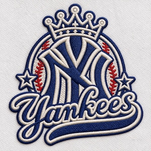 May include: An embroidered patch featuring the interlocking NY logo in navy blue and white, topped with a crown. The design includes a baseball graphic with red stitching, two five-pointed stars, and the word Yankees in cursive script.