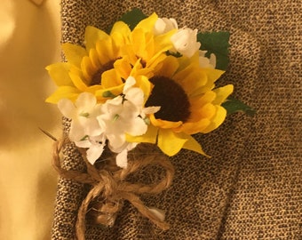 double mini sunflower boutonniere white or ivory baby's breath wrapped in twine with or without bow