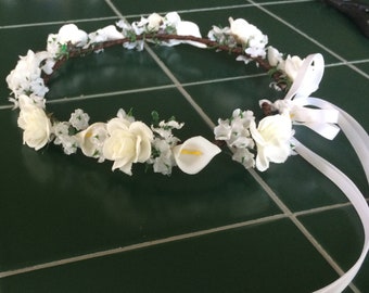 chose color white ivory rose calla lily flower girl first communion bridal wedding hair wreath halo crown circlet headpiece