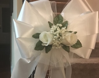 12 x Handmade Wedding Pew End Bows Florist Ribbon MINT GREEN & WHITE 