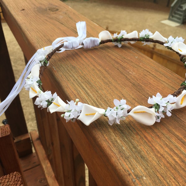 dainty calla lily baby's breath flower girl first communion bridal infant EDC music festival hair wreath halo headpiece circlet crown white