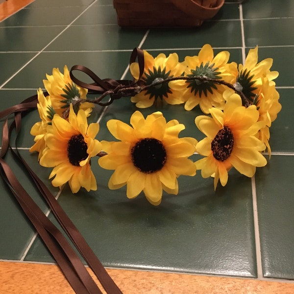 sunflower flower girl bridal EDC music festival halo flower hair wreath headpiece crown circlet halo twine or ribbon ties white ivory yellow