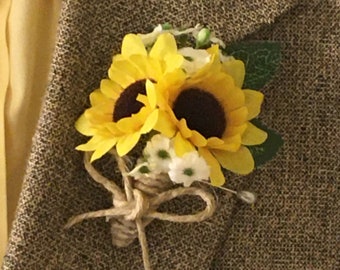 mini sunflower wedding accessory corsage boutonniere baby's breath bow wrapped in twine orange or yellow sunflower