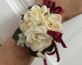 white ivory red orange rose chose color wedding Mothers Day wrist corsage burgundy yellow purple pink lavender teal purple peach aqua black