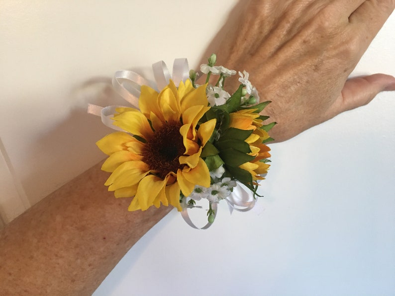 chose color ribbon tulle sunflower wrist corsage white ivory navy peach blue red yellow green brown orange black teal pink burgundy