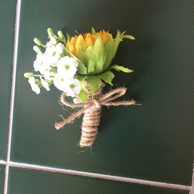 sunflower twine wedding prom wrist corsage or pin on boutonniere set