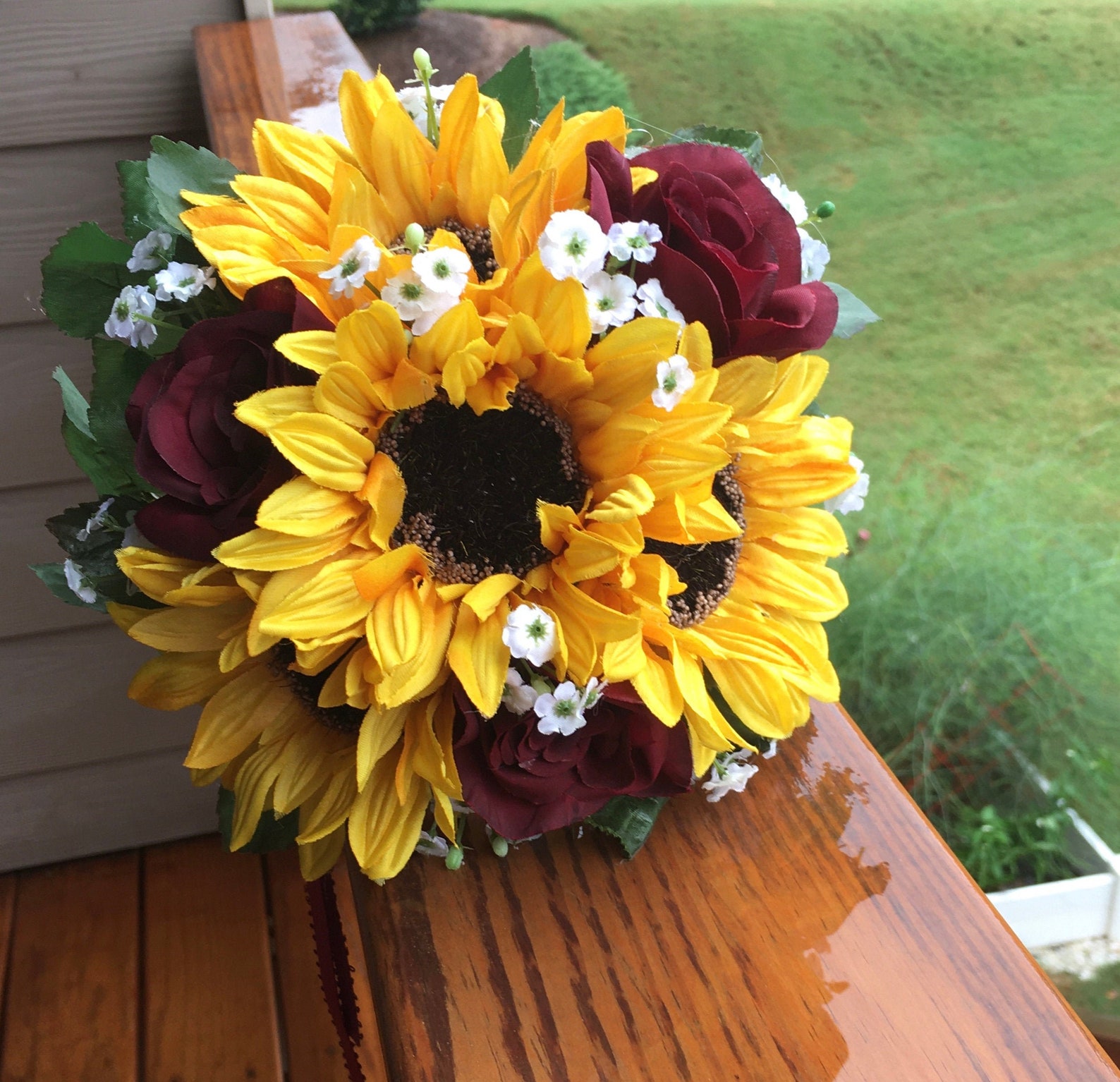 8 sunflowers large burgundy roses bridal party bouquet Etsy