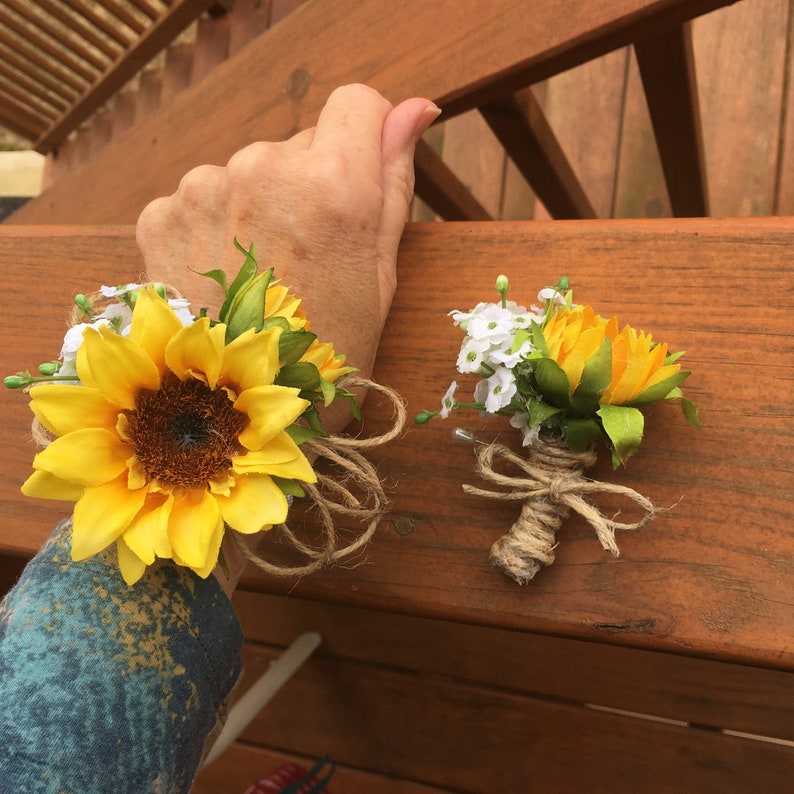 sunflower twine wedding prom wrist corsage or pin on boutonniere set