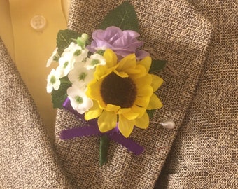 mini sunflower choice of rose color corsage boutonniere with or without bow blue purple lavender red coral white ivory twine