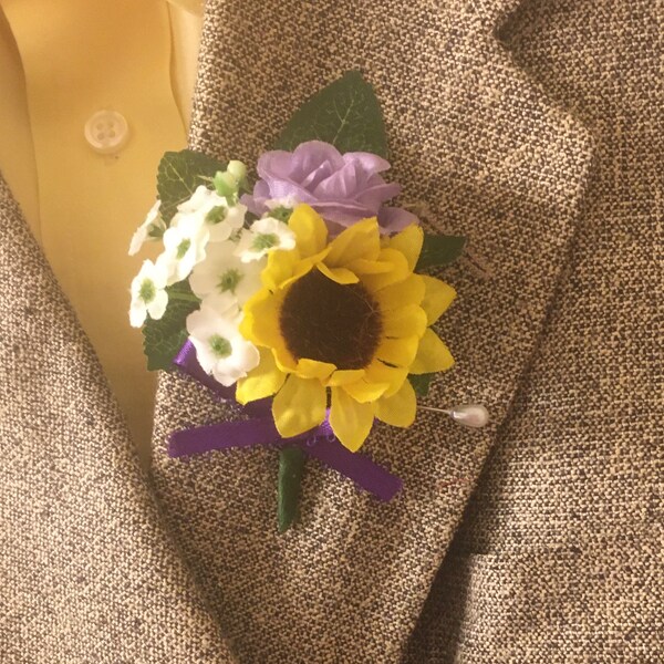 mini sunflower choice of rose color corsage boutonniere with or without bow blue purple lavender red coral white ivory twine