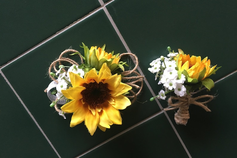 sunflower twine wedding prom wrist corsage or pin on boutonniere set
