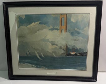 Vintage Signed Golden Gate Bridge Rolling Fog Framed Lithograph Summer Fog MCM