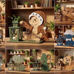 May include: A collection of ten laser-cut wooden animal figures, each paired with a small decorative lantern on a base. The animals include a dragon, koala, bear, sheep, tiger, elephant, mouse, and fox, featuring various colours and nightcaps.