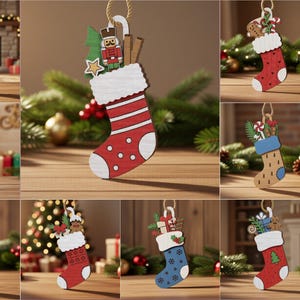 May include: A collection of ten digital files featuring wooden Christmas stocking ornaments in various colors and patterns, including red, blue, and green designs with festive accents like nutcrackers, candy canes, and stars, labeled 10 Files.