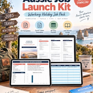 Op de afbeelding: Een digitale Aussie Job Launch Kit weergegeven op een laptop en twee tablets, met sjablonen, voorbeelden van sollicitatiebrieven, een 88-dagen tracker en een gids voor het zoeken naar werk tijdens een working holiday in Australië.
