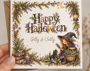 Biglietto di auguri di Halloween personalizzato con strega e gatto ad acquerello, tema botanico autunnale (15 x 15 cm)