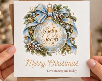 Biglietto di auguri personalizzato per il primo Natale del bebè / Pallina ricordo blu e oro