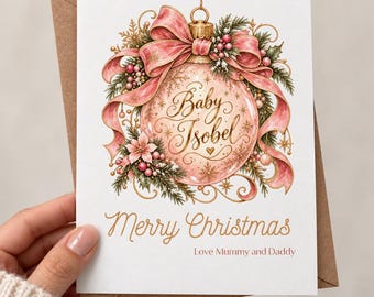 Biglietto di auguri personalizzato per il primo Natale di una bambina / Pallina di Natale rosa e oro come ricordo