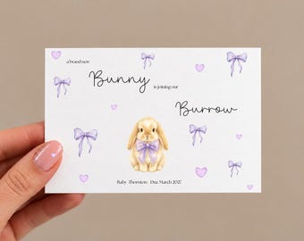 Biglietto di annuncio di gravidanza personalizzato / Biglietto per rivelare il sesso del bambino / Annuncio di nascita personalizzato / Coniglietto ricordo della gravidanza