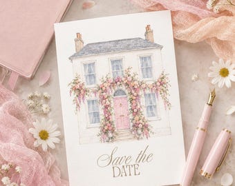 Invito "Save the Date" in stile acquerello, ispirato a una dimora georgiana - Fiori pastello - Giardino inglese