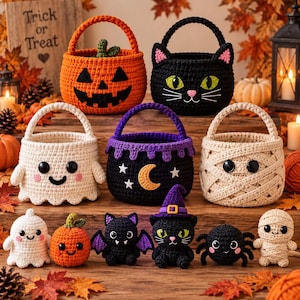 May include: A collection of five crocheted Halloween baskets and six small crocheted figures. The baskets feature a jack-o'-lantern, a black cat, a ghost, a purple-rimmed cauldron with a moon and stars, and a mummy. The figures include a ghost, pumpkin, bat, witch cat, spider, and mummy.