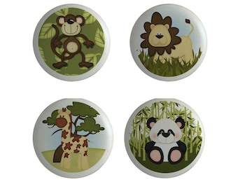 Childrens Knobs Jungle Safari Monkey Lion Giraffe Panda Cabinet Knobs Drawer Pulls Set of 4