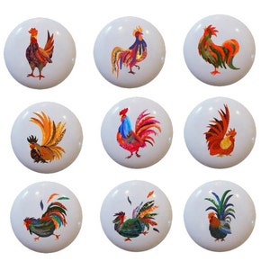 Fancy Colorful Rooster Knobs Pulls Decorative for Cabinets or Drawers Set of 9