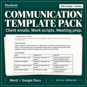 Op de afbeelding: Een digitaal communicatiesjabloonpakket van Plumbrule met 135 scripts en e-mails. Het document bevat instructies voor het gebruik van de bestanden, een tabel met vijf pakketten en hun inhoud, en compatibiliteit met Word en Google Docs.