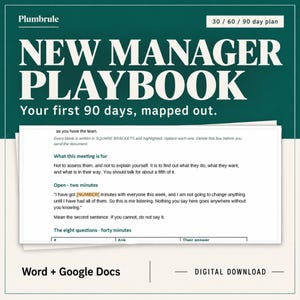 May include: A digital document titled New Manager Playbook with the subtitle Your first 90 days, mapped out. The document includes a section on meeting structure with text about listening to team members and a table for eight questions in Word and Google Docs.