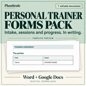 May include: A digital pack of 7 editable personal trainer forms including intake, session, and progress documents. The preview shows a training agreement template with fields for trainer details, compatible with Word and Google Docs software.